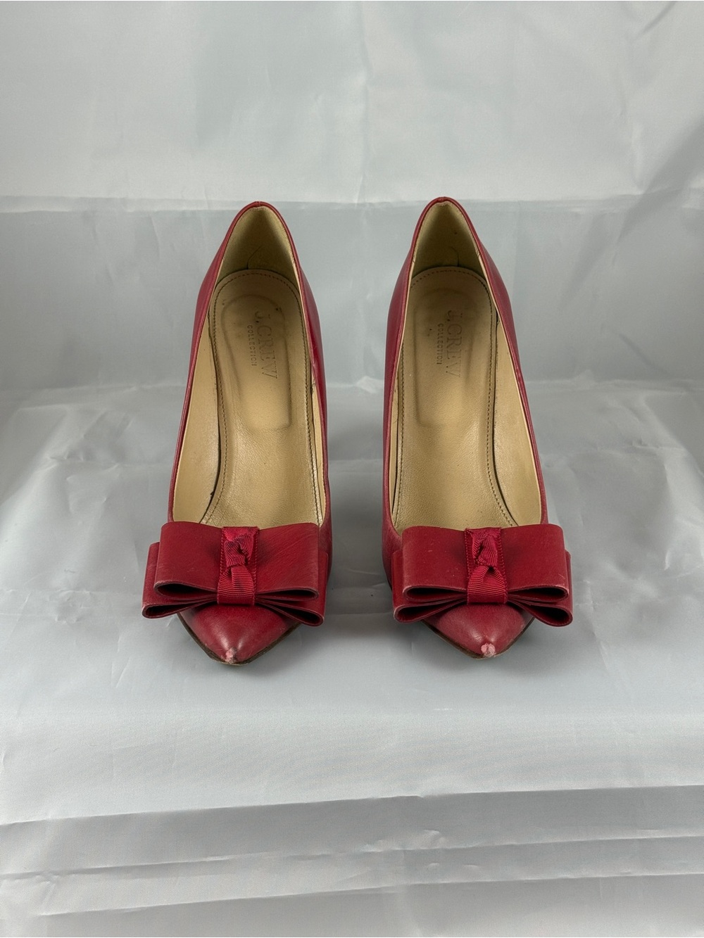 J.Crew Collection Red Leather Bow Peep-Toe Pumps, Made in Italy, Size 6